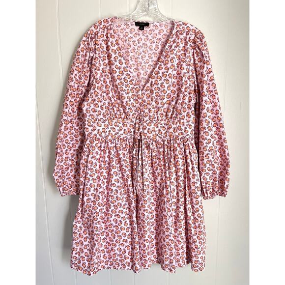 J Crew V Neck Cotton Poplin Mini Dress 14 Peony Paisley Pink Puff Sleeves - Picture 1 of 16